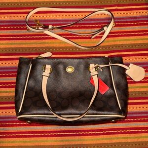 coach brown and cream tote with crossbody strap!